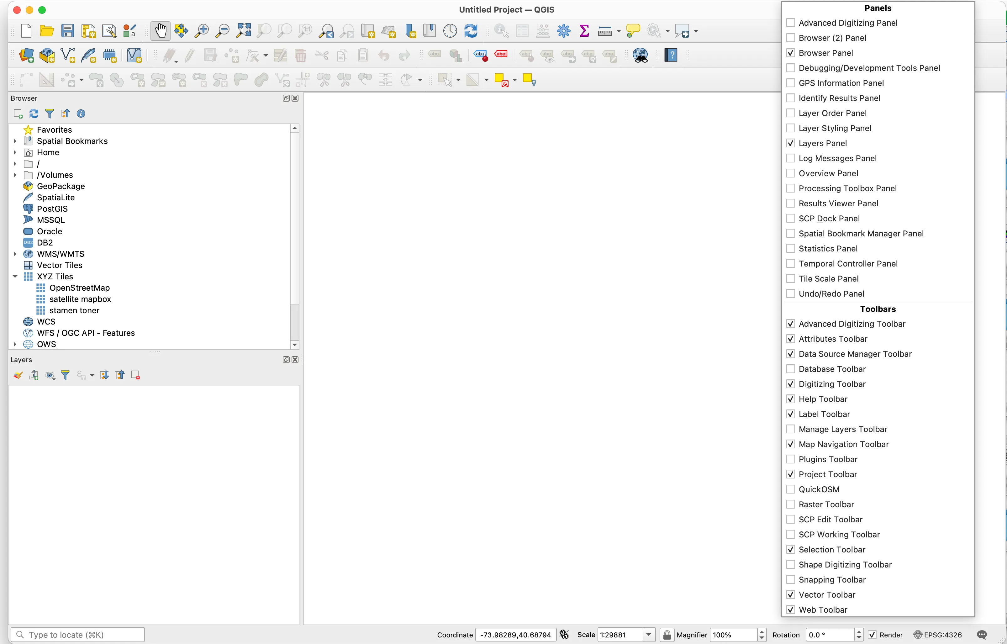 qgis panels toolbars