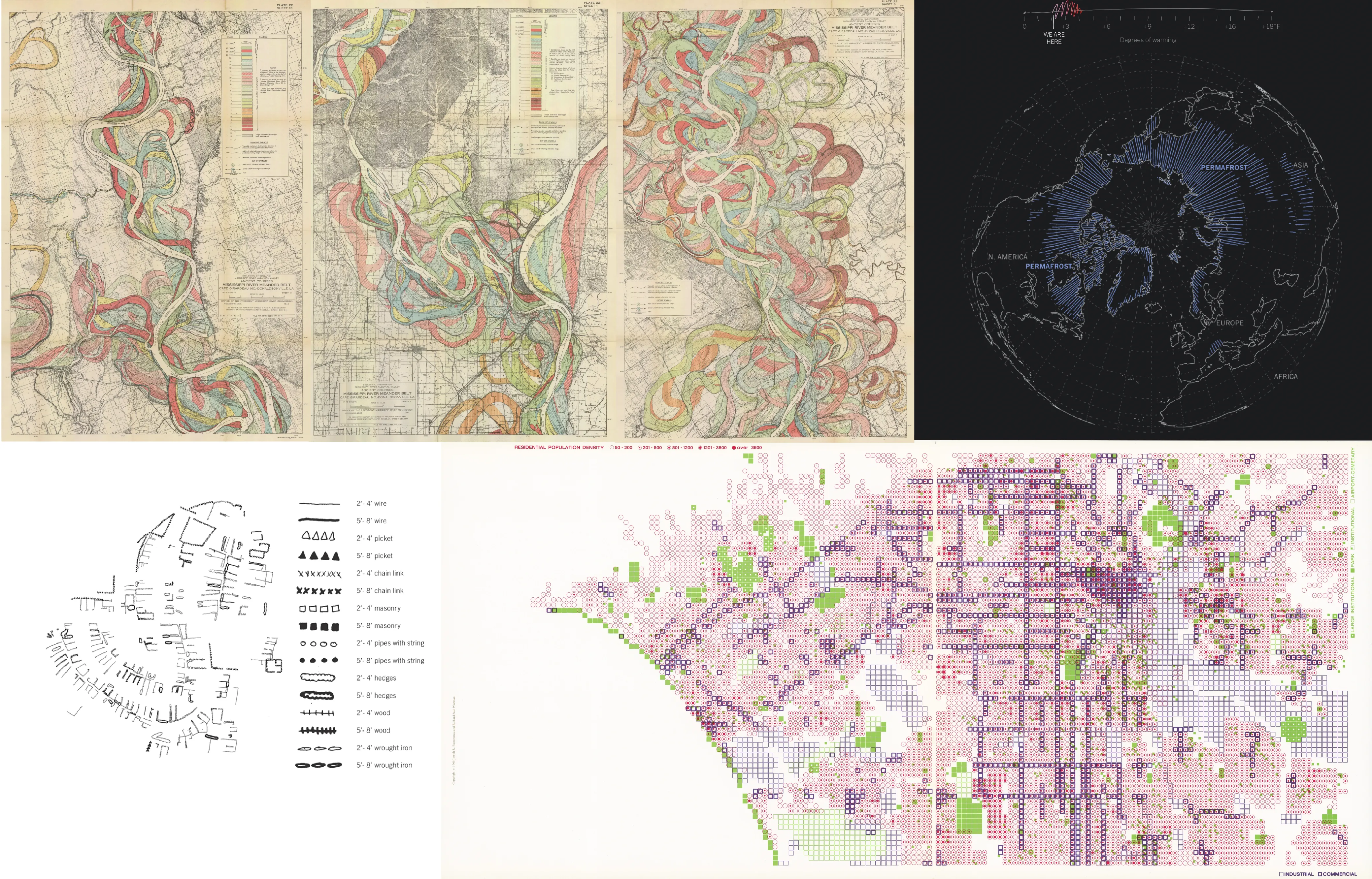 A grid of example maps and spread from four atlases