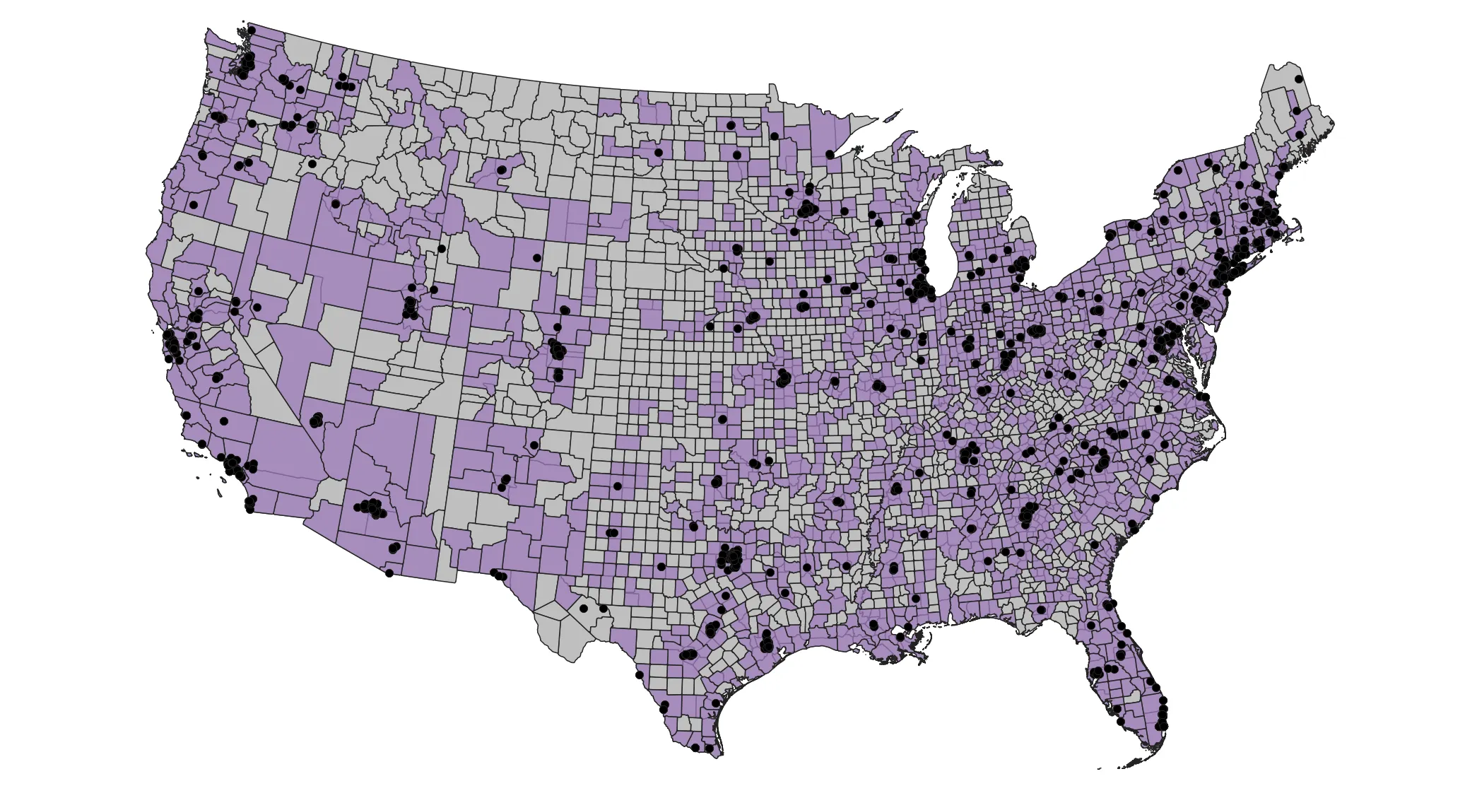 Lower 48 states, counties, and data centers